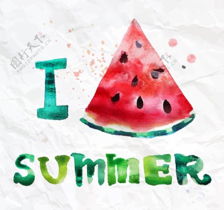 我爱夏天水彩西瓜矢量图