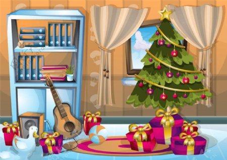 房屋里的圣诞树与书架图片
