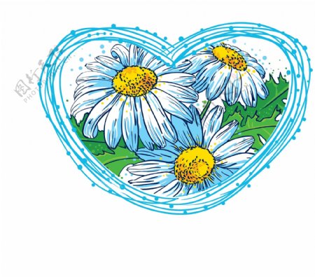 手绘蓝色花朵心形元素