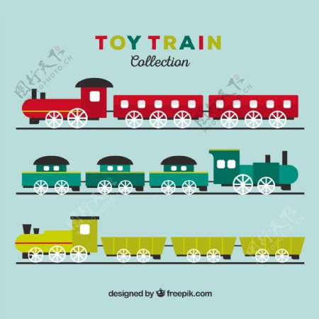几种不同颜色设计的玩具火车矢量素材