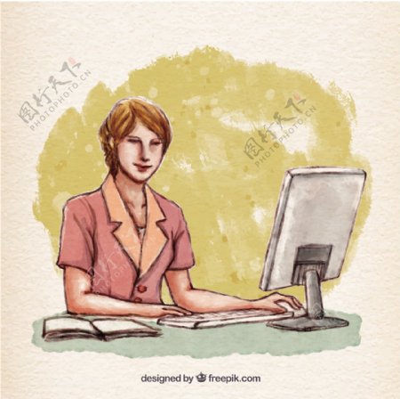 手工彩绘的女人在她的电脑上工作