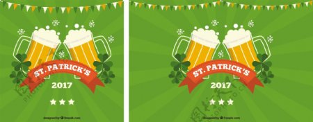绿色圣帕特里克日的背景啤酒和花环
