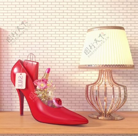 红色高跟鞋和台灯图片