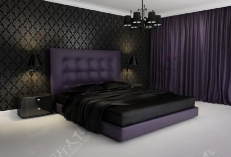 黑色与紫色风格家居卧室装修效果图片