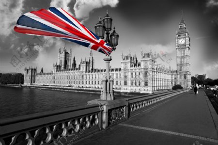 英国国旗与大本钟建筑图片