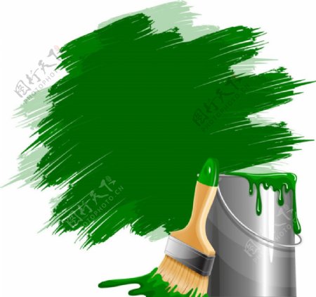 刷绿油漆的油漆桶与刷子矢量图
