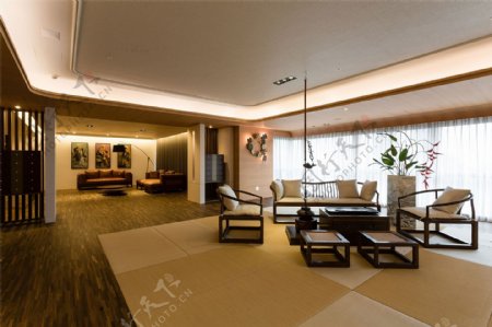 新中式简约客厅茶几沙发落地窗设计图
