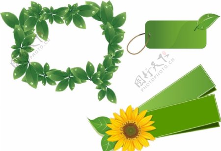 绿色吊牌树叶边框花朵装饰
