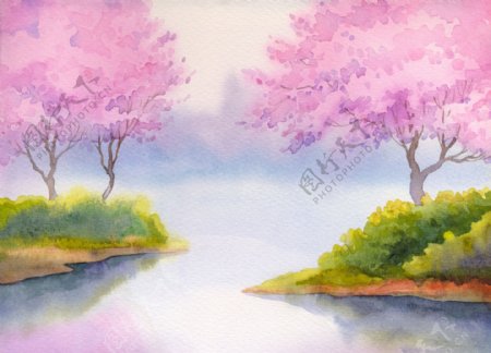 春天风景水彩画