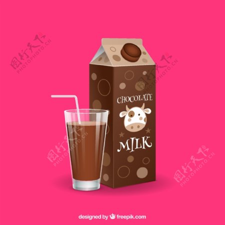 美味巧克力牛奶和玻璃杯矢量素材图片