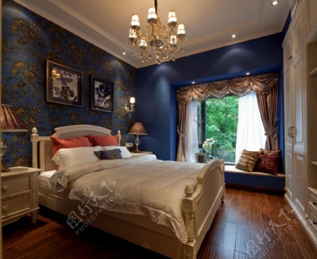 时尚卧室蓝色背景墙设计图