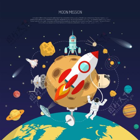 火箭创意海报太阳系星球矢量
