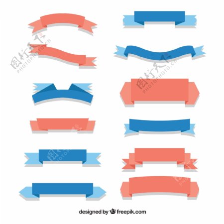 12款粉色和蓝色丝带条幅矢量素材