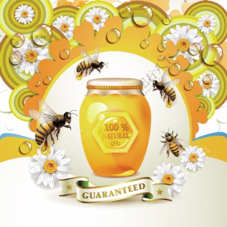 一群蜜蜂围着一罐蜂蜜矢量素材