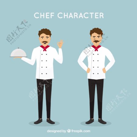 手绘扁平风格厨师两种姿势背景