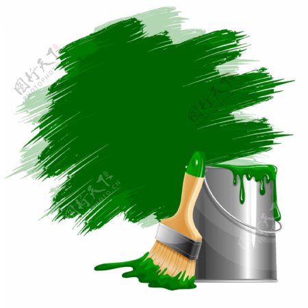 刷绿油漆的油漆桶与刷子矢量图