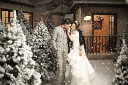 雪地里的情侣婚纱摄影图片