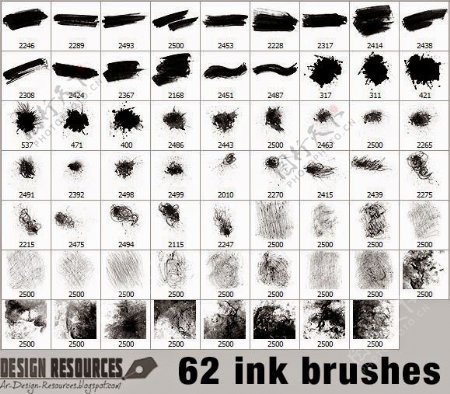 超大62种水墨痕迹油墨刷子喷溅效果Photoshop笔刷下载