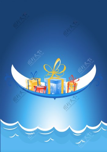 蓝色大海礼盒帆船背景