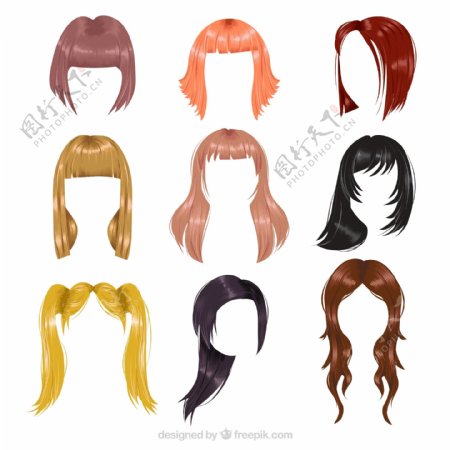 9款彩色女子发型设计矢量图