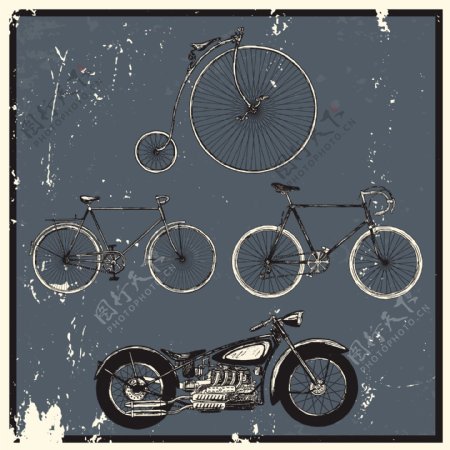 多个复古的摩托车与自行车向量源文件