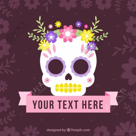 墨西哥头骨背景有花和丝带