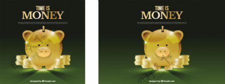 金色的小猪存钱罐和硬币的绿色背景
