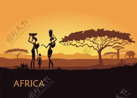 非洲女性剪影与日落风景矢量素材下载