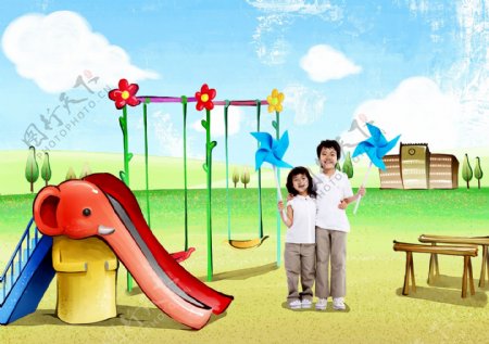 卡通背景举着纸风车的小男孩小女孩