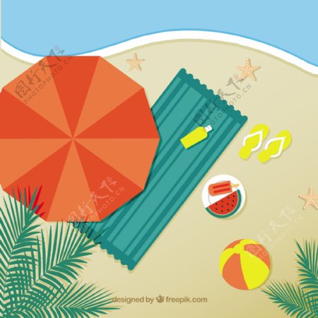 太阳伞和沙滩毛巾