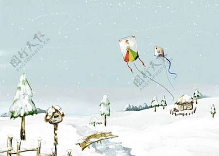 手绘梦幻郊外雪景风景插画图片