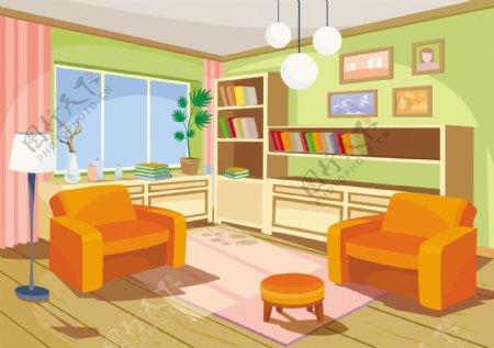 向量的桔子家房间卡通内插图一个有两个软沙发客厅