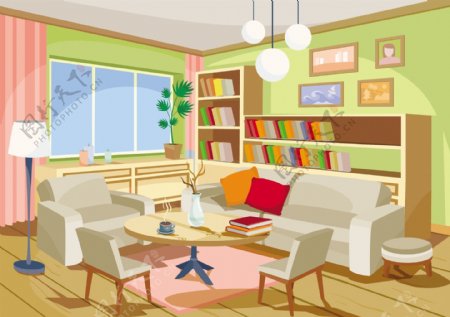一个舒适的家矢量卡通插画的房间内一间客厅