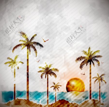 大海椰树风景插画