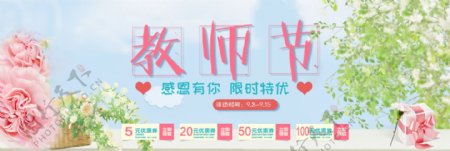蓝粉色优惠券康乃馨感恩教师节淘宝电商海报