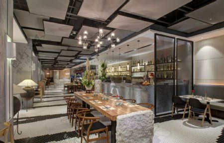 现代时尚潮流餐厅浅色地板工装装修效果图
