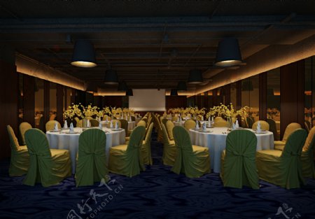 现代时尚酒店餐区黄色椅子工装装修效果图