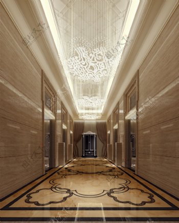 现代时尚金色花纹瓷砖地板酒店走廊装修图