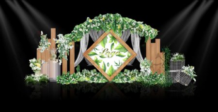 原木绿色花艺纱幔装饰婚礼迎宾展示区效果图