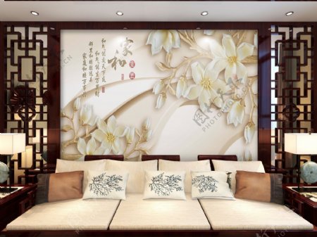 中式山水画背景墙样机模板
