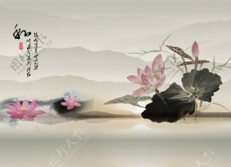 中国风水墨荷花装饰背景图效果图