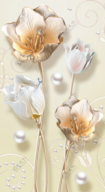 3D立体郁金香浮雕珠宝玄关花卉