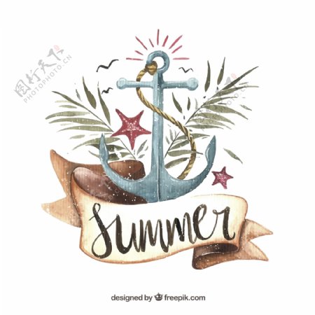 夏天的水彩背景的锚和棕榈叶