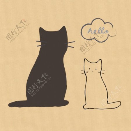 卡通手绘黑色猫咪白色猫咪英文橙色底装饰画