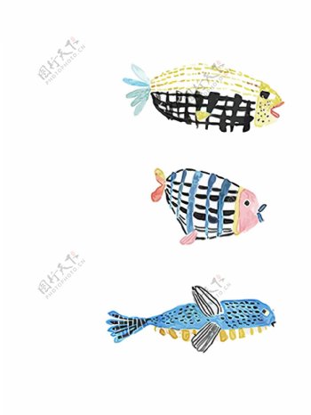 手绘彩绘三条鱼类装饰画