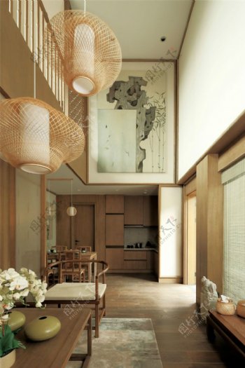 日式风室内设计客厅吊顶效果图JPG源文件