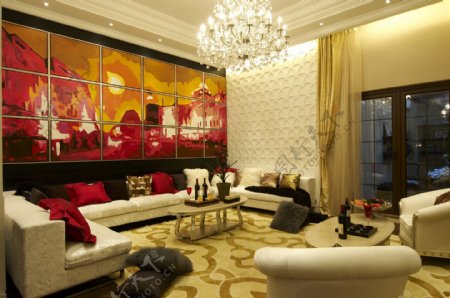 现代时尚红色壁画客厅室内装修效果图