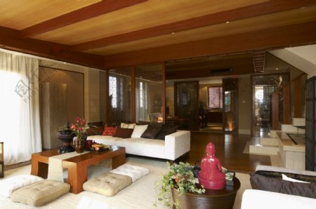 中式时尚风格客厅白色地毯室内装修效果图