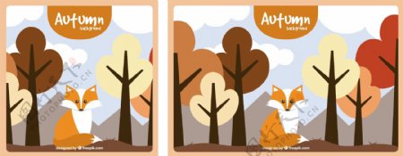秋天的背景扁平的狐狸和树木