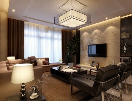 现代时尚客厅褐色窗帘室内装修效果图